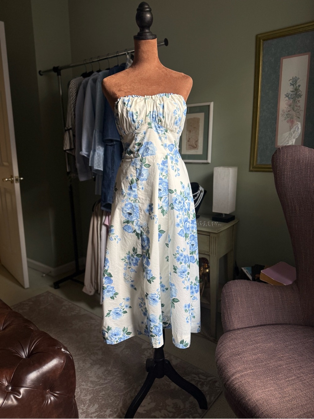 wild fable Strapless White Dress with Blue Floral Print